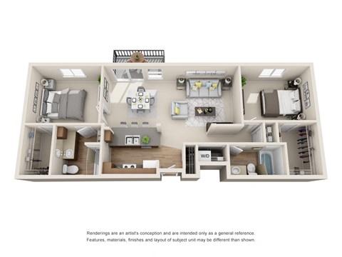 Floor plan for 2 beds, 2 baths, 1195 sqft